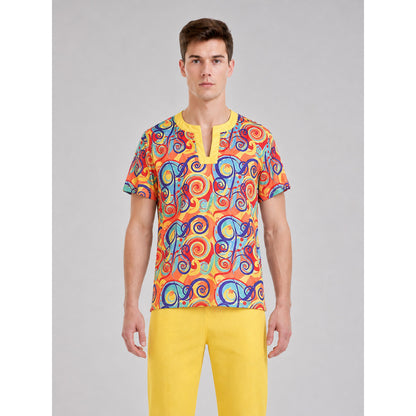 Bright 1970s Disco-Style Costume for Themed Events. The set includes a short-sleeve top, yellow flared pants, and a matching headband. The top is decorated with a multicolored swirled pattern throughout and features a V-neckline with yellow