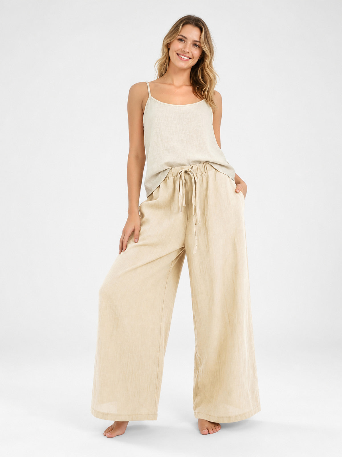 Beige Wide-Leg Pants with an Elastic Waistband and Drawstring