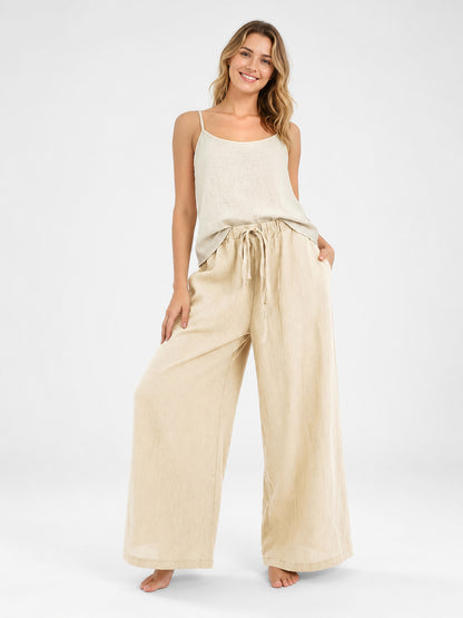 Beige Wide-Leg Pants with an Elastic Waistband and Drawstring