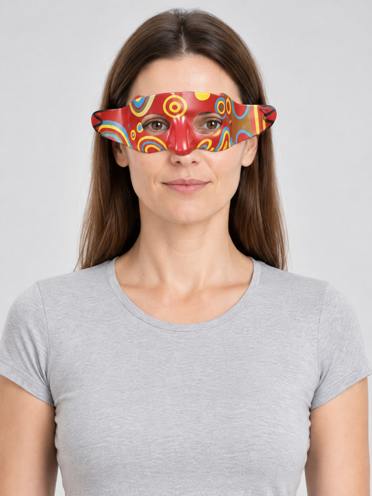 Red Carnival Mask with Multicolored Pattern on-model view