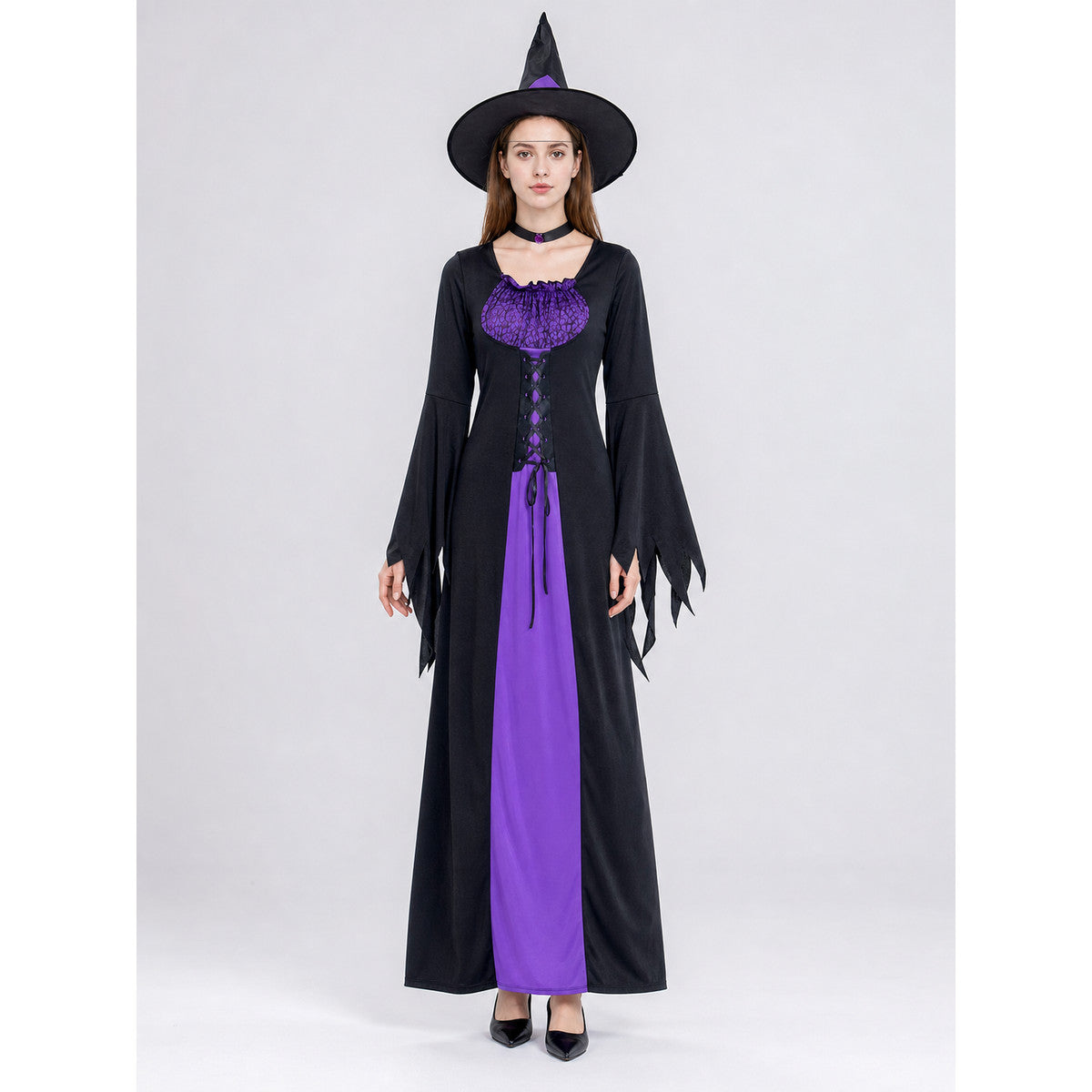Purple and Black Witch Costume with Dress and Hat on-model view