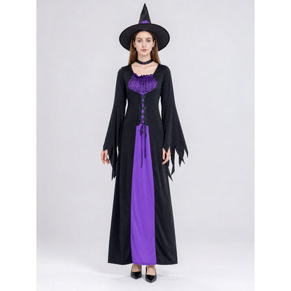 Purple and Black Witch Costume with Dress and Hat on-model view