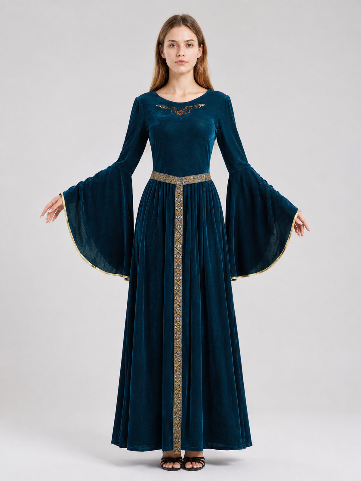 Floor-Length Velour Dress with Belt and Puff Sleeves on-model view