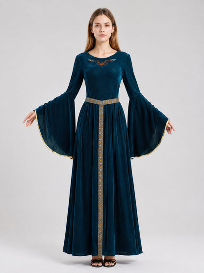 Floor-Length Velour Dress with Belt and Puff Sleeves on-model view