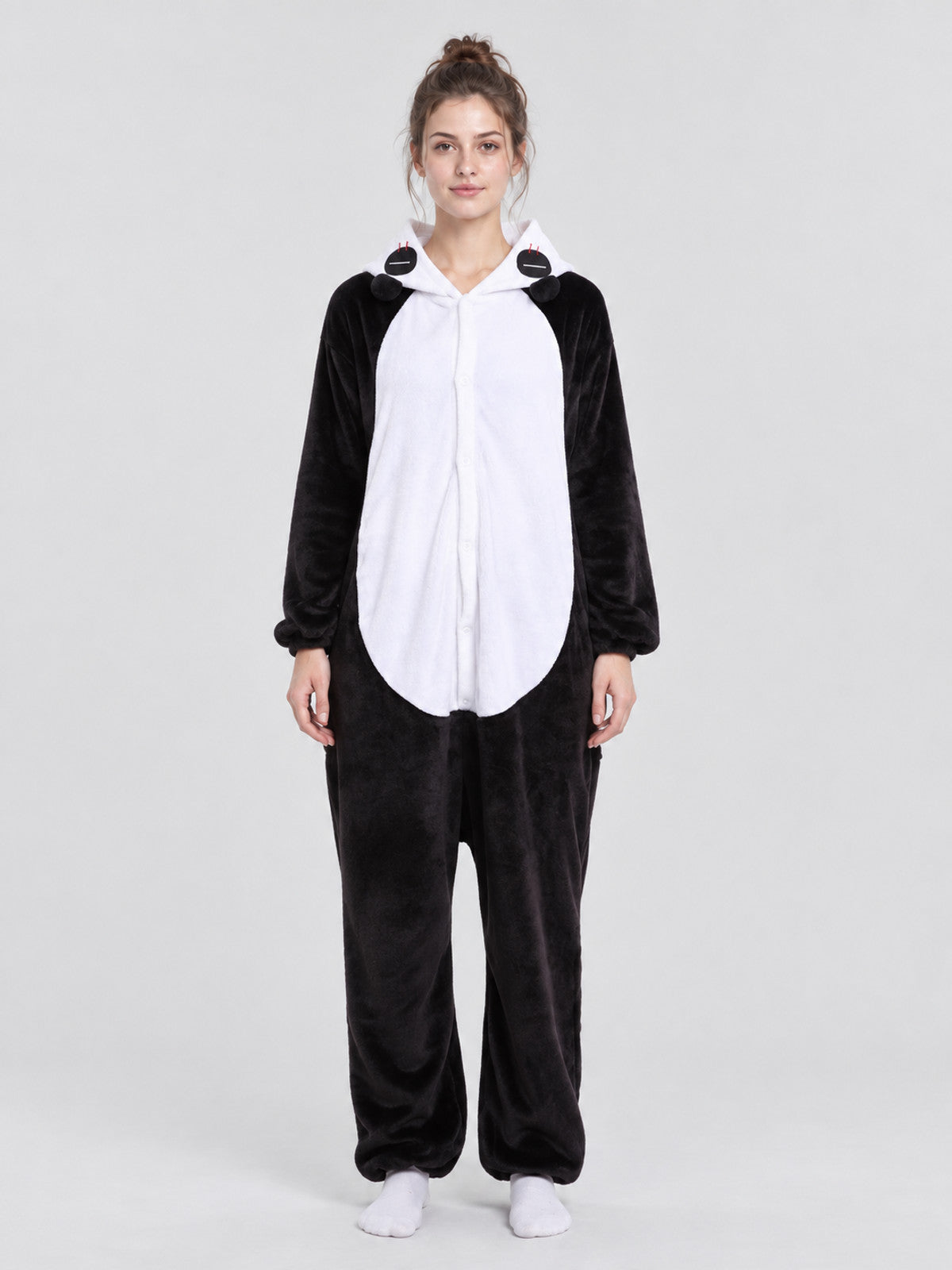 Black and White Fleece Kigurumi Pajama with Hood and Tail