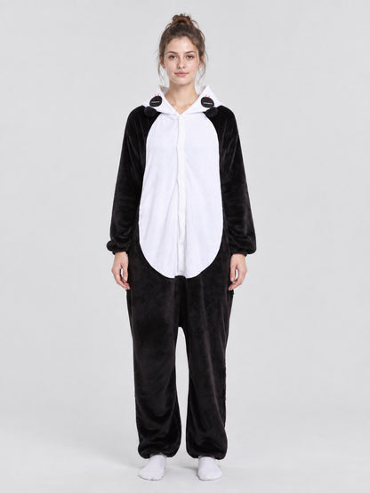 Black and White Fleece Kigurumi Pajama with Hood and Tail