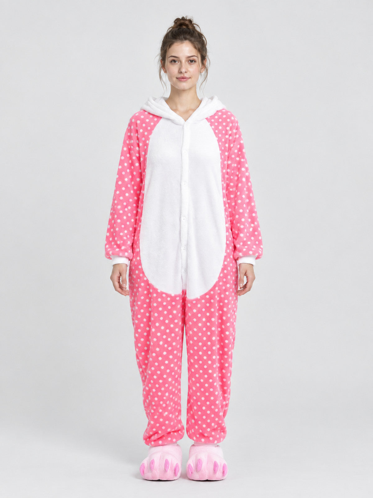 Pink Pajama Jumpsuit with White Polka Dots and Ears