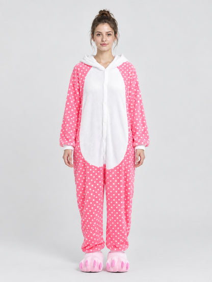 Pink Pajama Jumpsuit with White Polka Dots and Ears