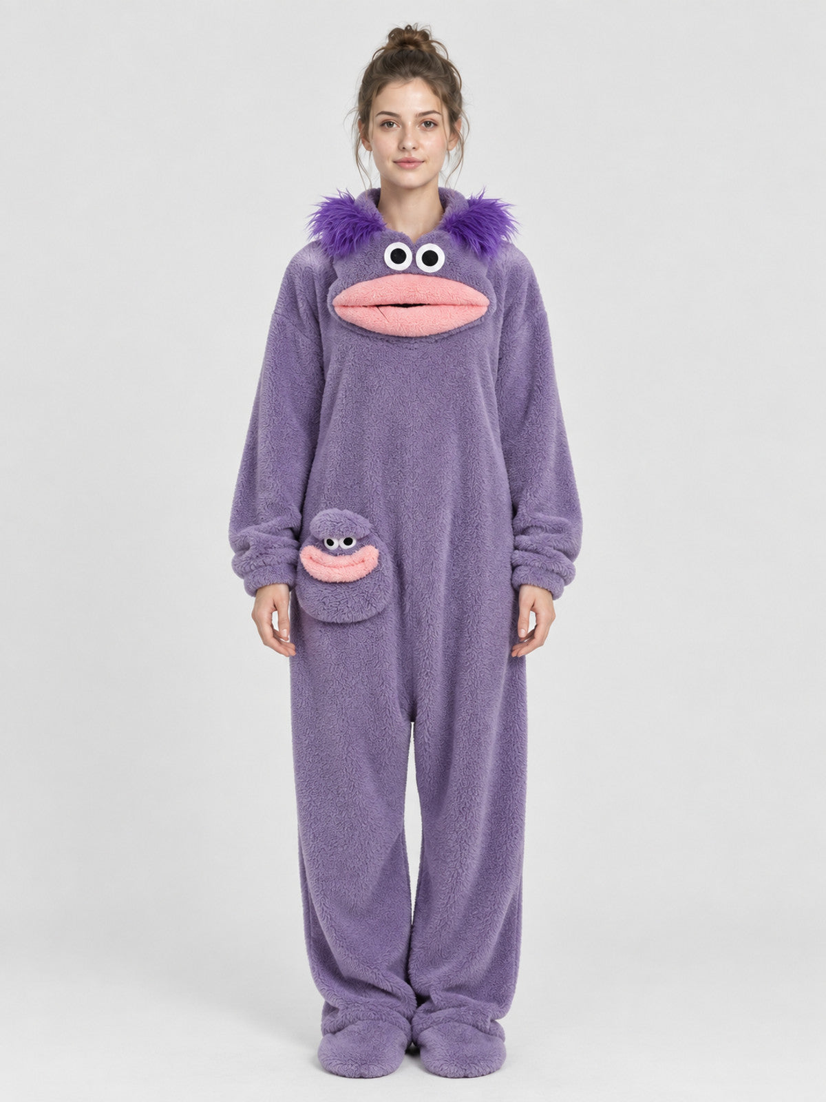Purple Plush Cartoon Face Pajama Jumpsuit