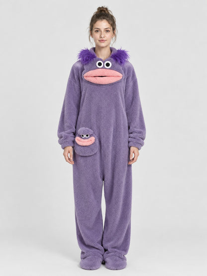Purple Plush Cartoon Face Pajama Jumpsuit