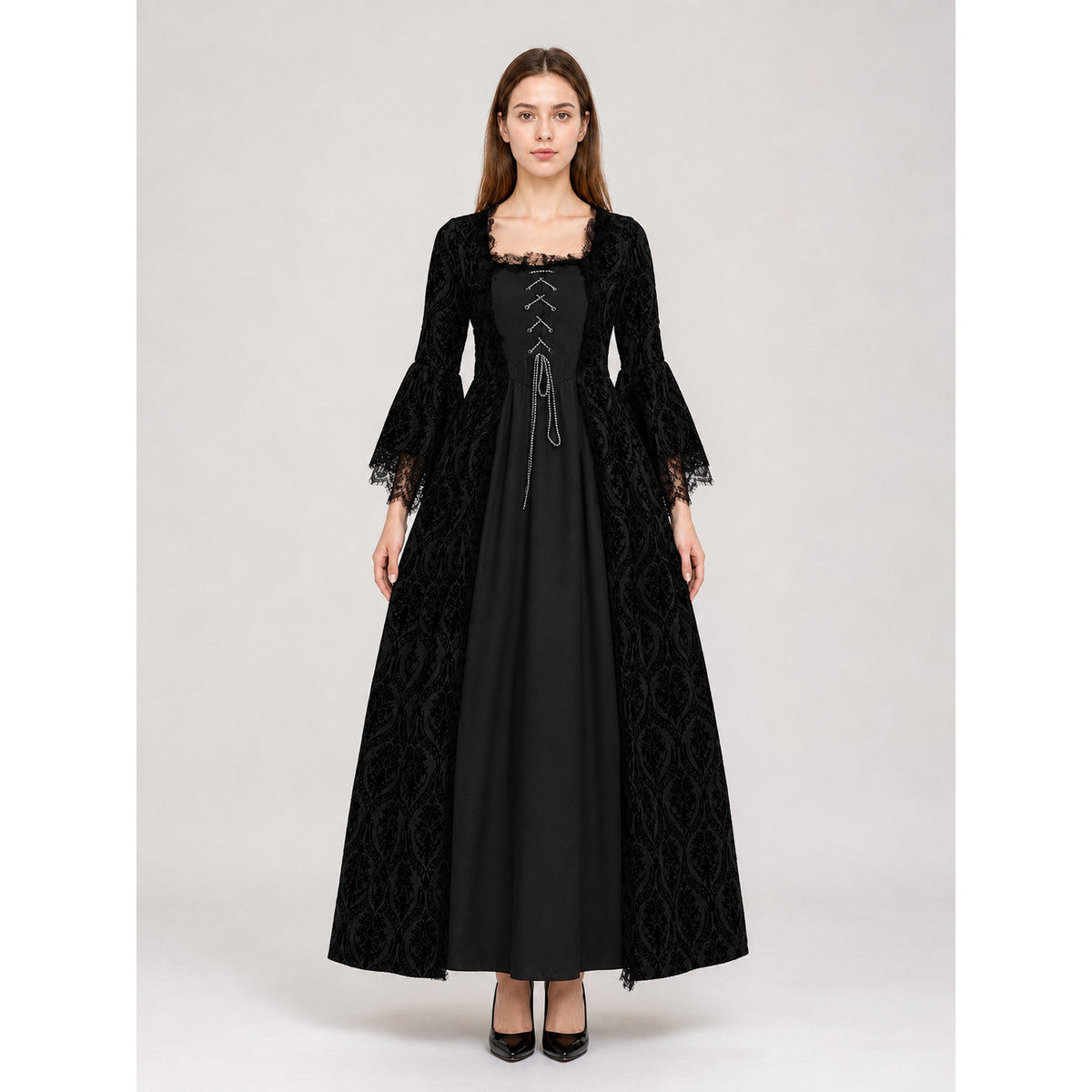 Historical Gothic Floor-Length Lace Dress front view