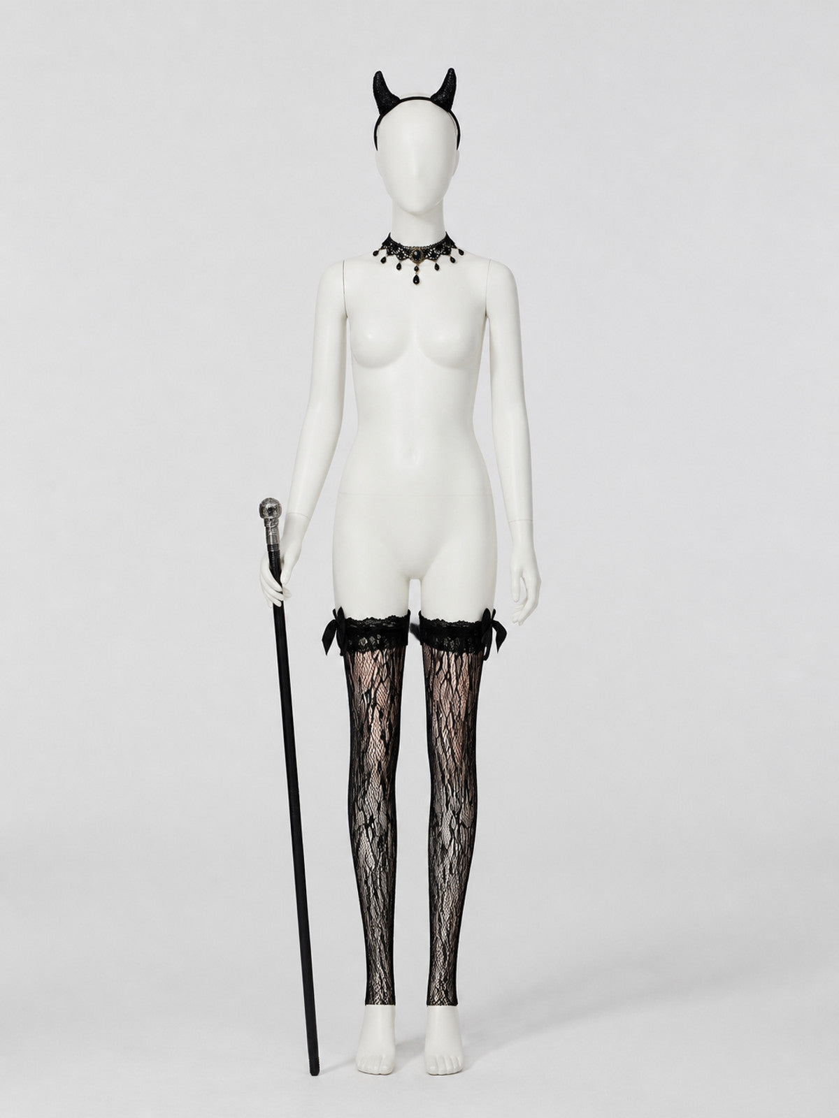 Gothic Accessories Set: Horns, Choker, Stockings, Cane on-model view