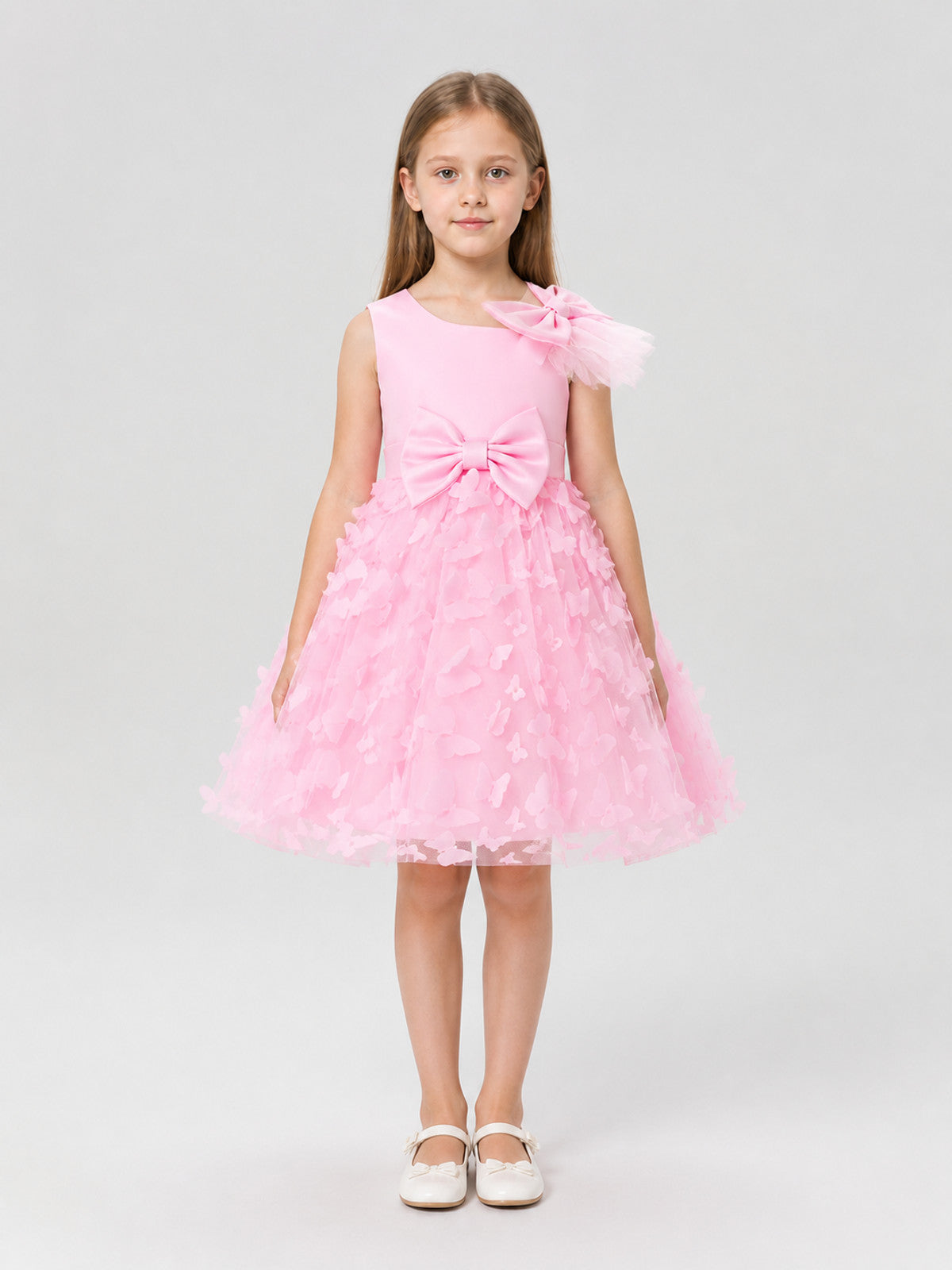 Pink Princess Dress for Girls with Bows and Butterflies on-model view