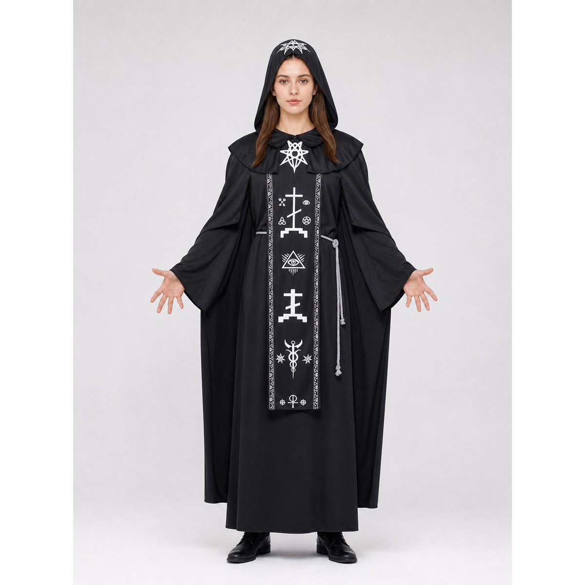 Black Gothic Hooded Robe for Cosplay on-model view