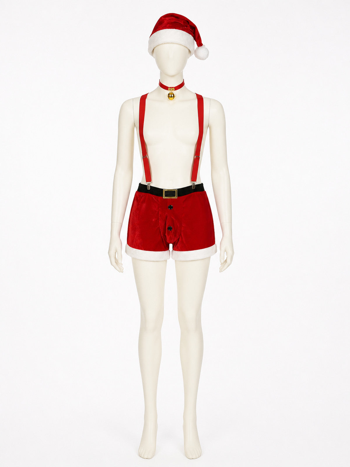 Red and White Christmas Santa Costume Set with Shorts, Suspenders, Hat, Belt main product view