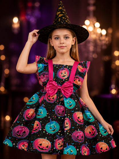 Girls' Witch Costume Dress Set With Pumpkin Print, Ruffle Sleeves And Hat on-model view