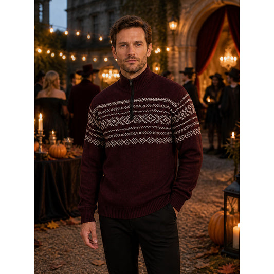 Wine Red Knit Sweater with Black Half-High Collar, Front Zipper, Long Sleeves