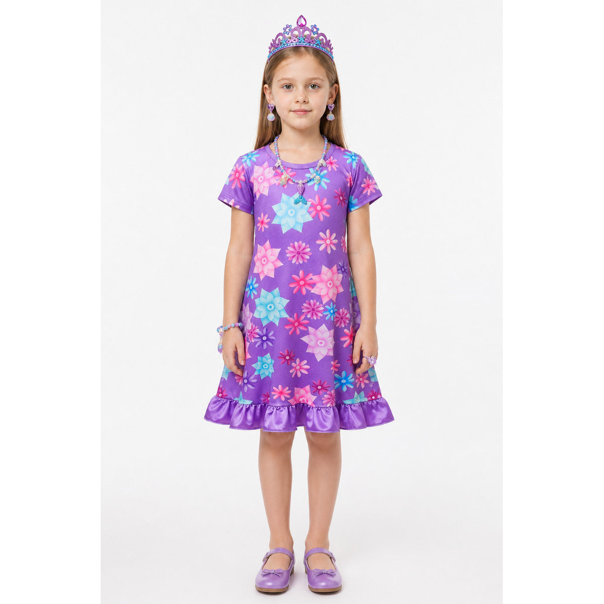 Purple Dress with Floral Print and Crown