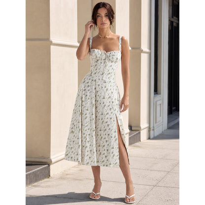 Lightweight midi dress with thin straps, floral print, slit, and fitted silhouette