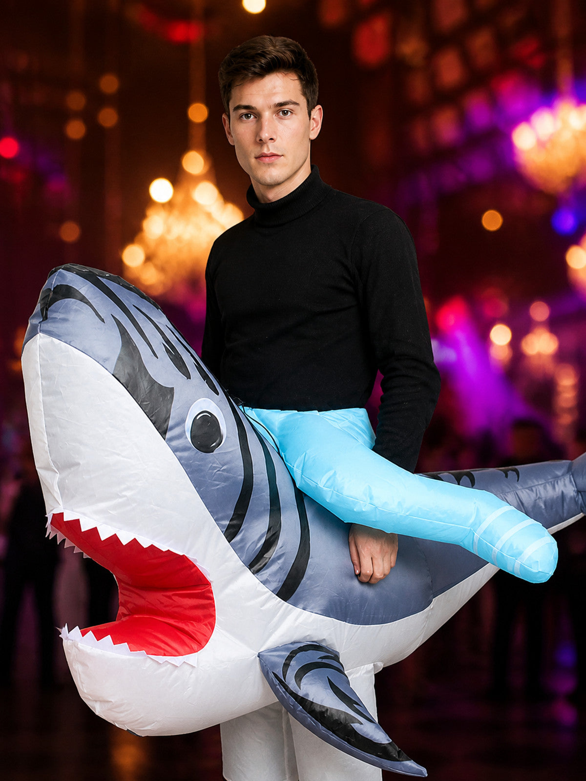 Inflatable Shark Costume for Adults, Funny Halloween Jumpsuit with Tail and Fins on-model view
