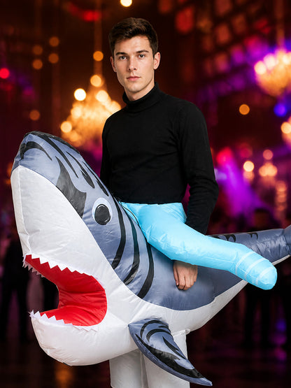Inflatable Shark Costume for Adults, Funny Halloween Jumpsuit with Tail and Fins on-model view