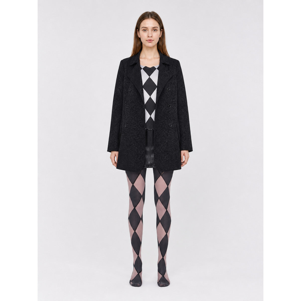 Costume Set with Coat, Blouse, Skirt, and Diamond-Pattern Knee-High Socks front view