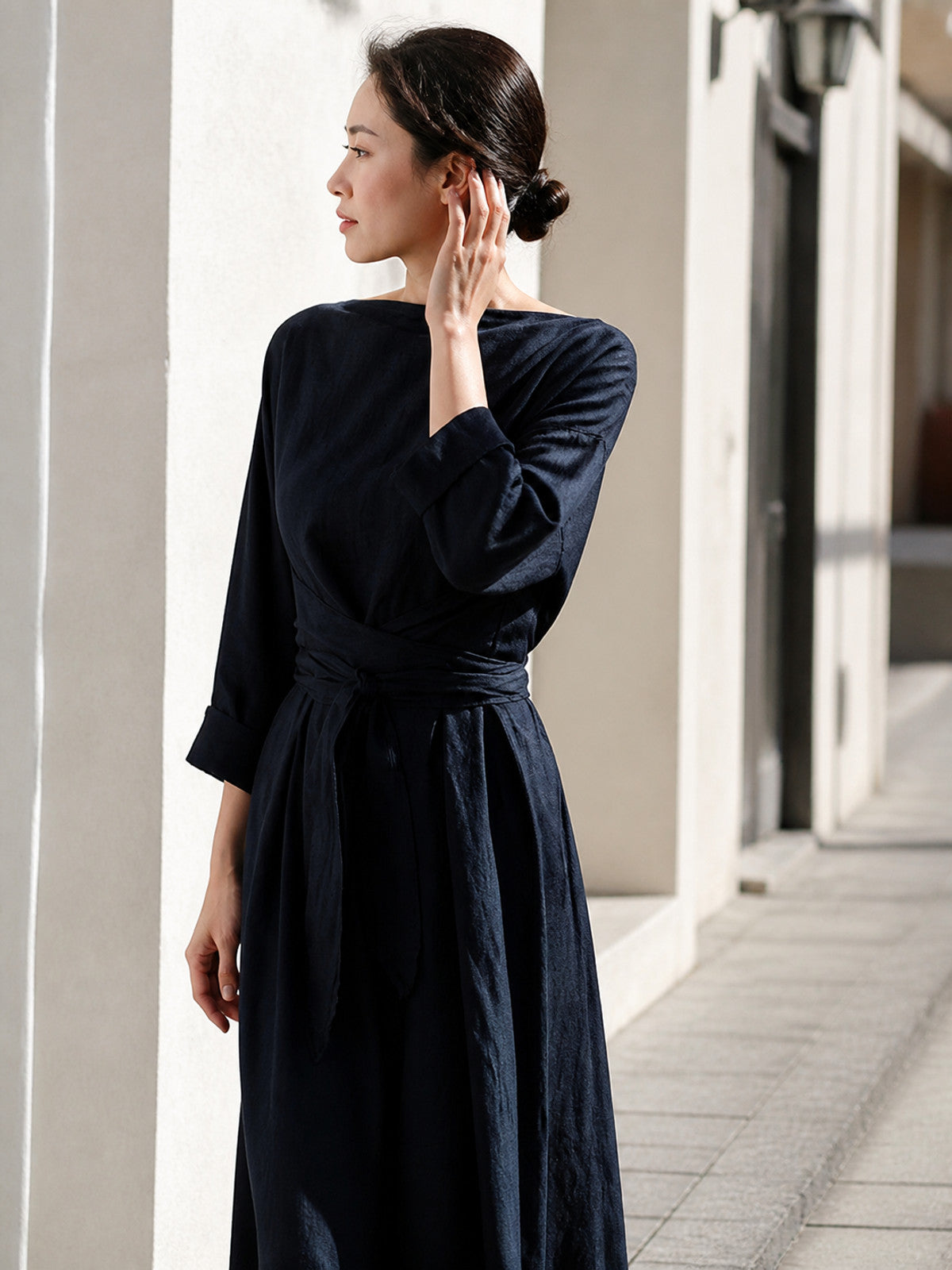 Long Dress with 3/4 Sleeves, Waist Ties, and Gathered Detail