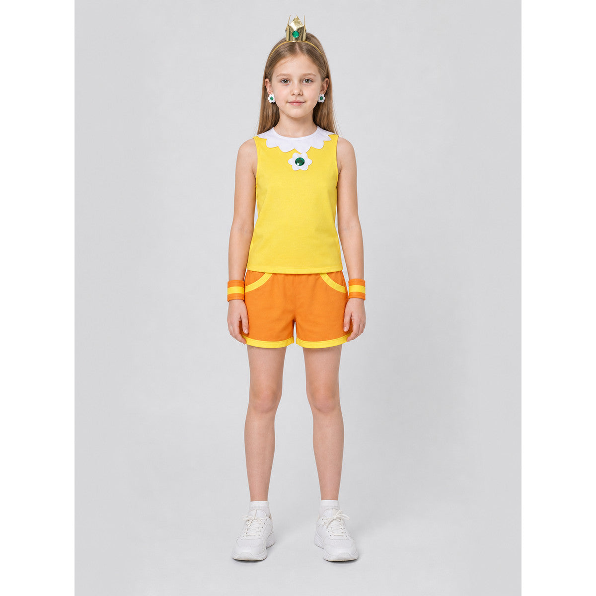 Character costume with crown, top, shorts, and accessories on-model view