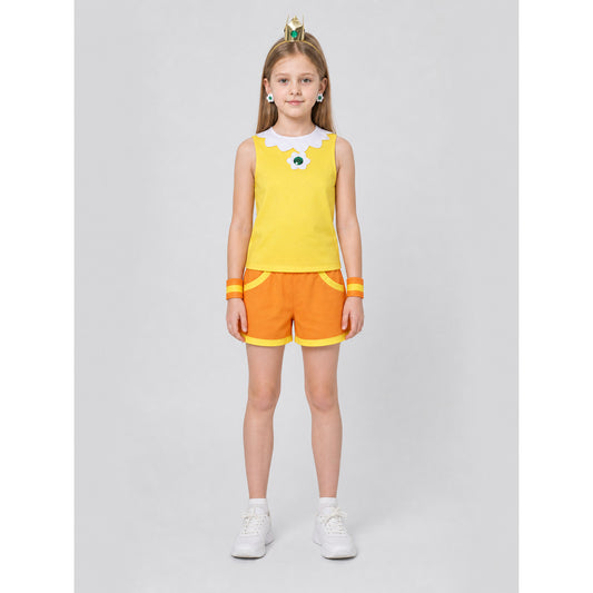 Character costume with crown, top, shorts, and accessories on-model view