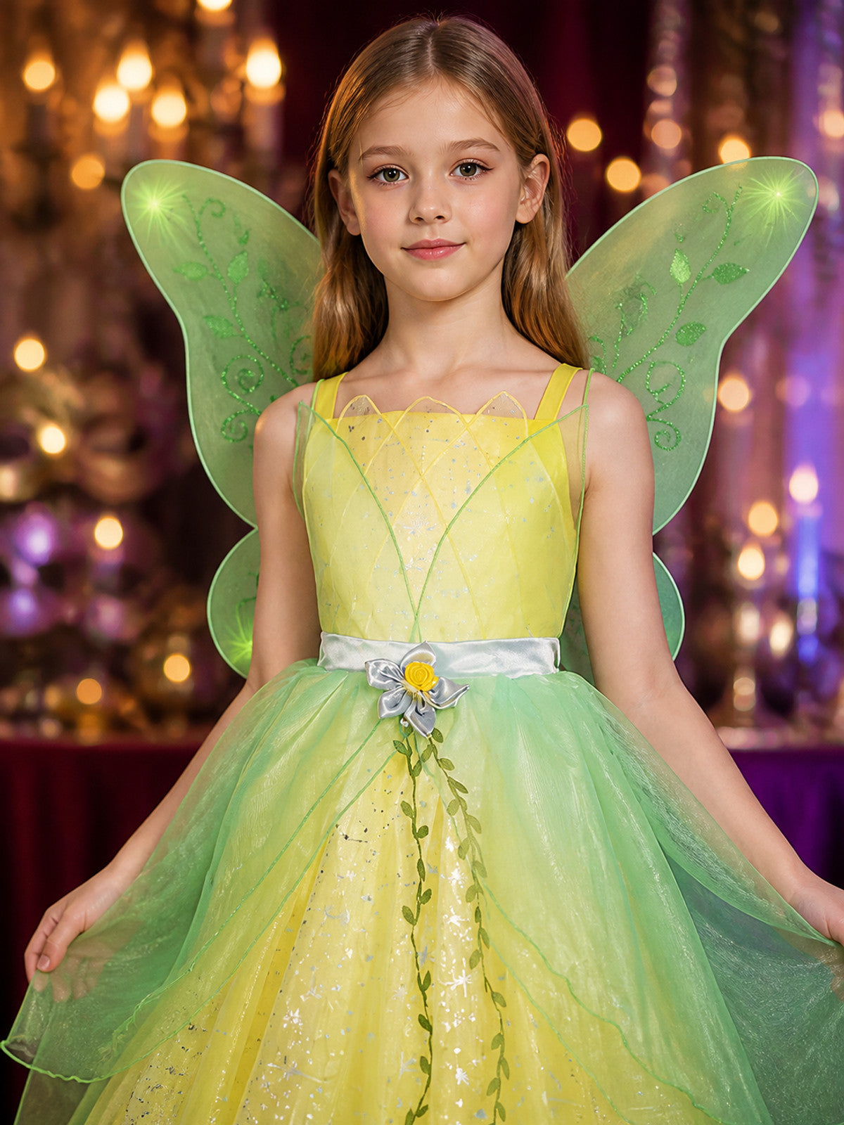 Girls' Princess Dress Costume with Yellow Star Print and Green Layers on-model view