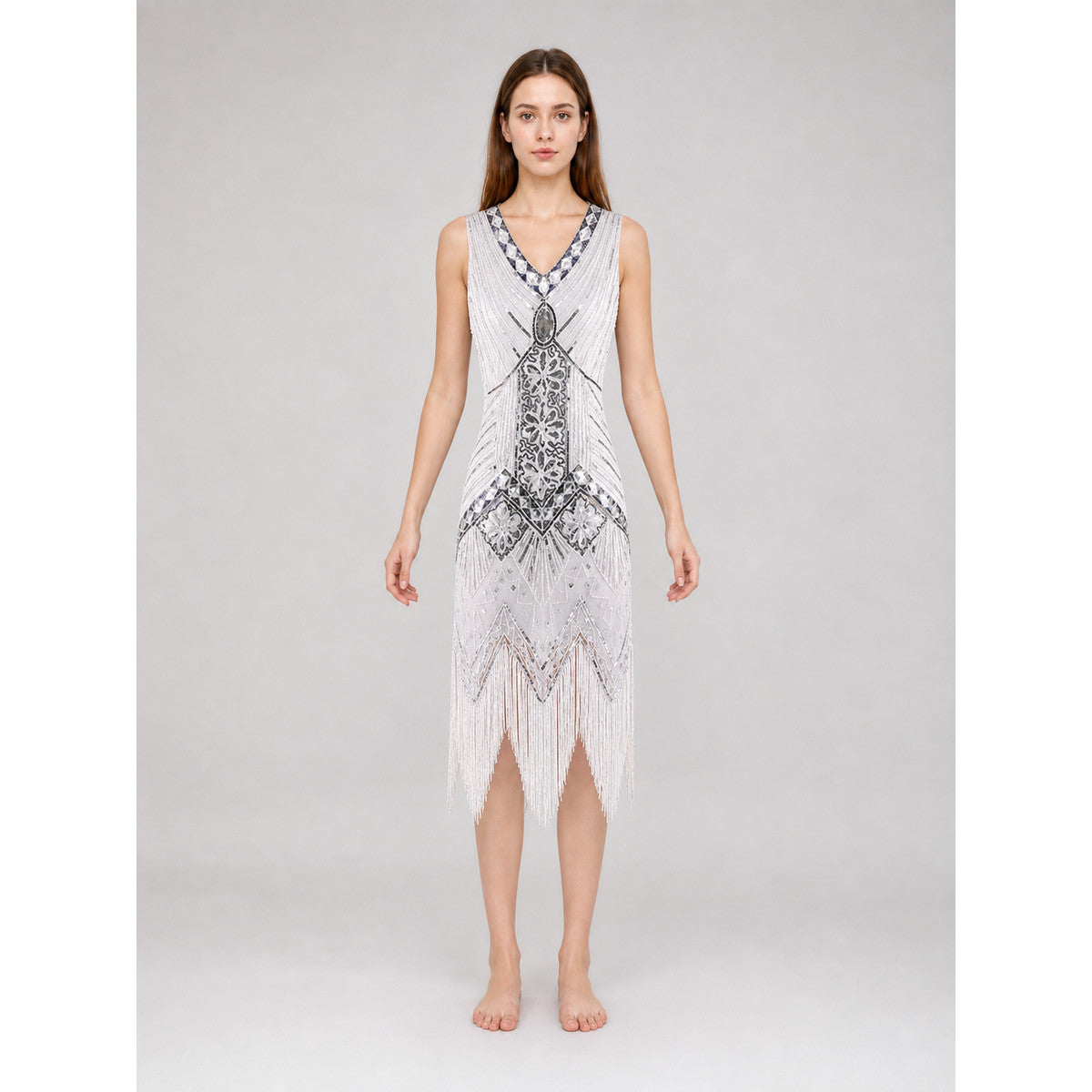 1920s-Style Sequin Fringe Dress front view