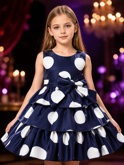 Girls' Navy Polka Dot Princess Dress with Bow and Layered Ruffle Skirt on-model view