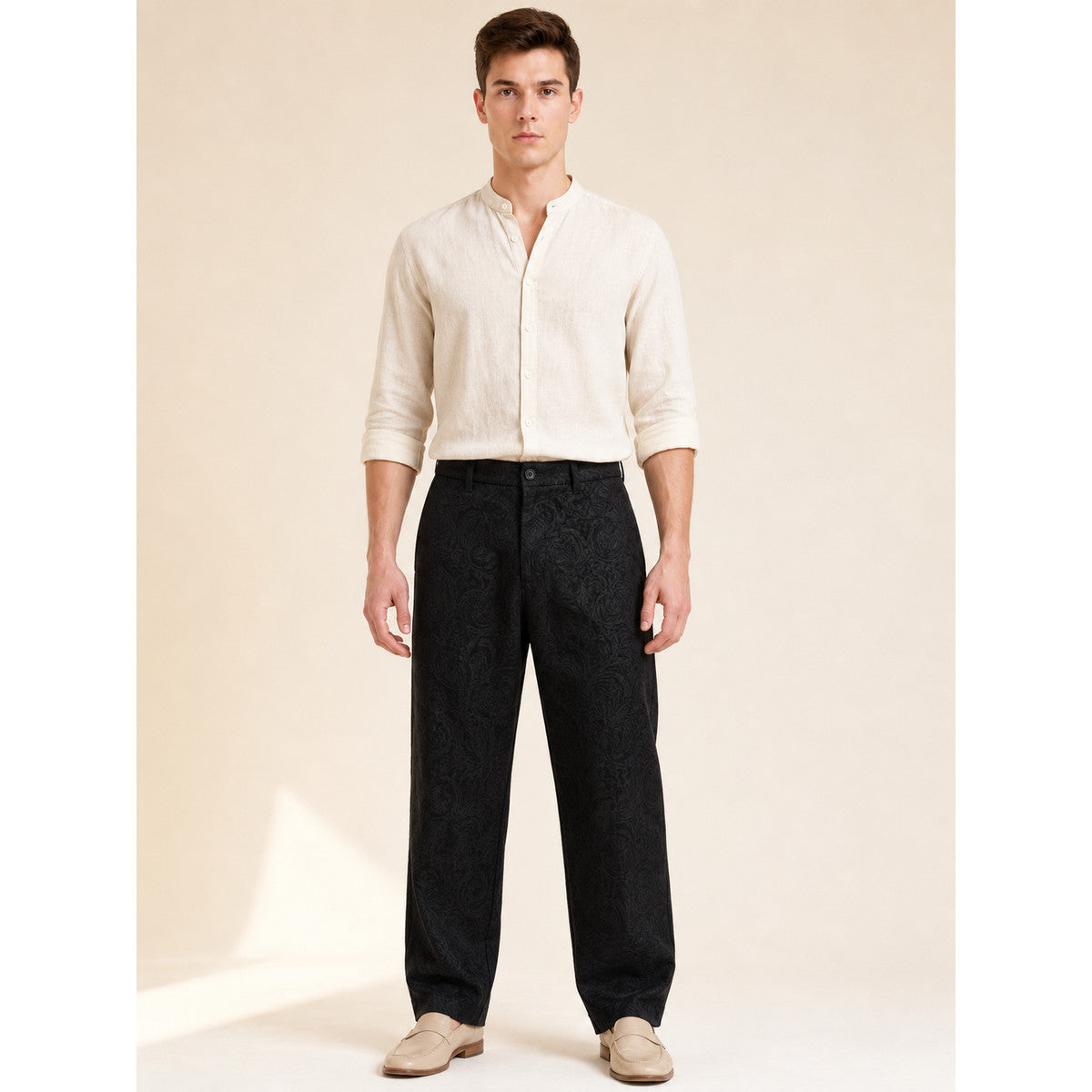 Men's Black Straight-Leg Jacquard Pants on-model front view