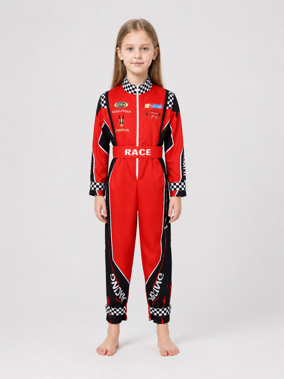 Red and Black Racing Jumpsuit for Cosplay with Belt on-model view