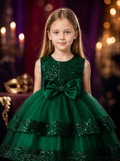 Girls' Dark Green Sequined Princess Dress, Layered Mesh Skirt With Satin Bow