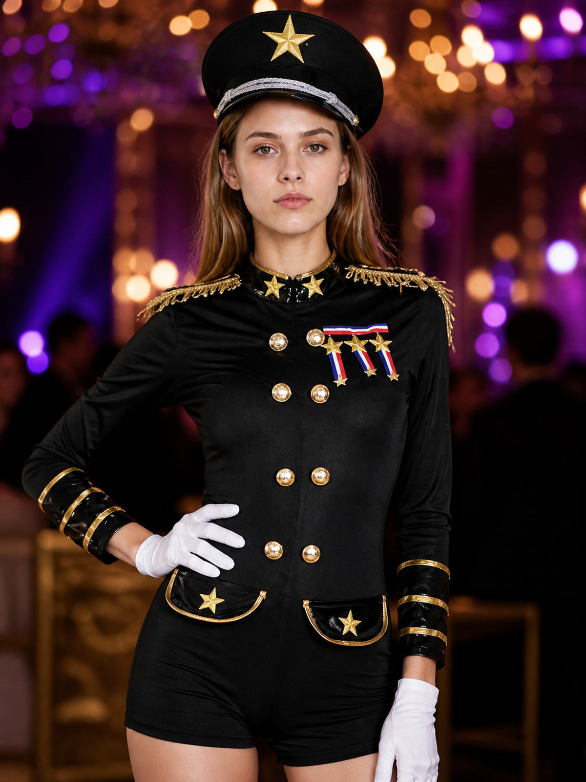 Women's Police Officer Costume, Gold Trim Jumpsuit with Hat and Gloves on-model view