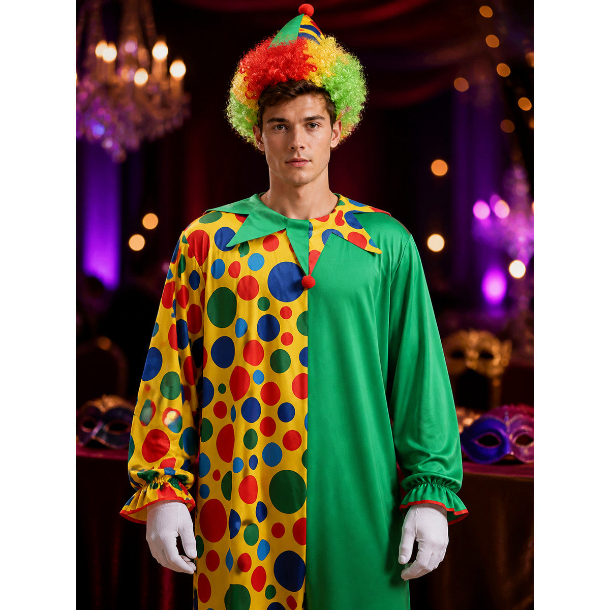 Unisex Jester Costume Jumpsuit, Colorful Polka Dot Clown Outfit with Hat on-model view
