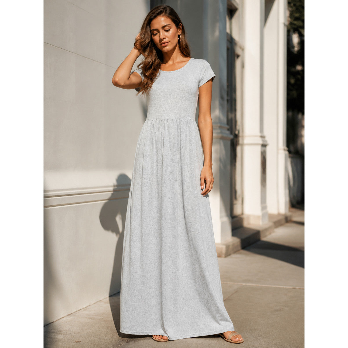 Women's Long Gray Dress with Short Sleeves