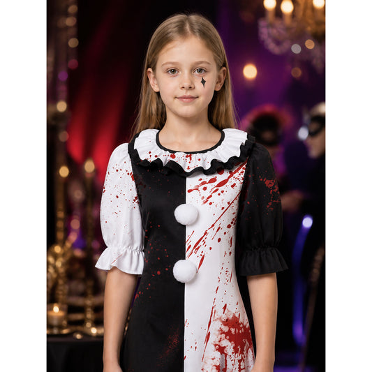 Women's Bloody Clown Costume Dress, Black White Ruffle Long Sleeve Halloween on-model view