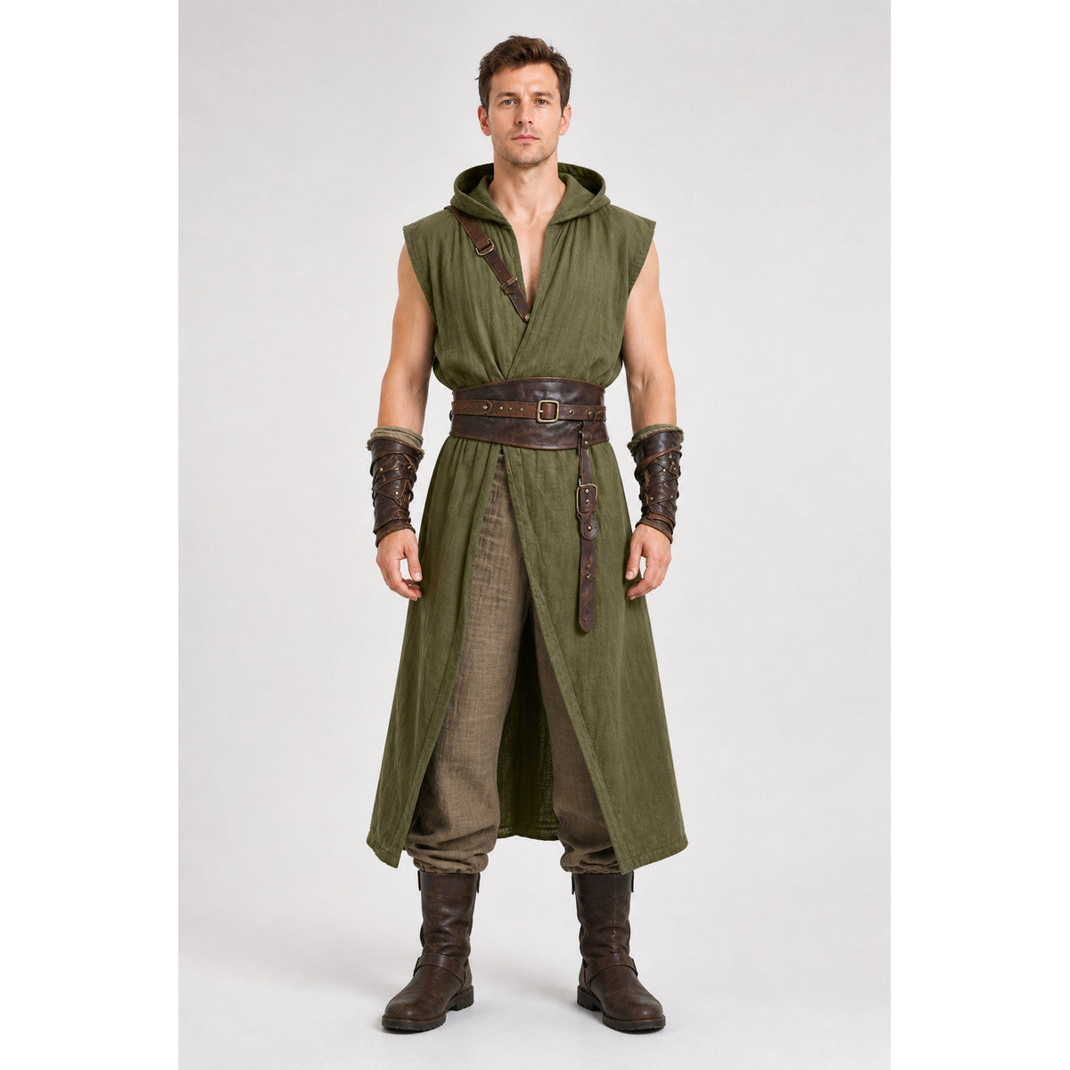 Long Sleeveless Hooded Tunic, Olive main product view