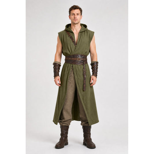 Long Sleeveless Hooded Tunic, Olive main product view