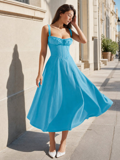 Women's Blue Dress with Spaghetti Straps and Drawstring main product view
