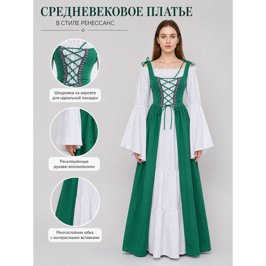 Green and white medieval-style dress with lacing