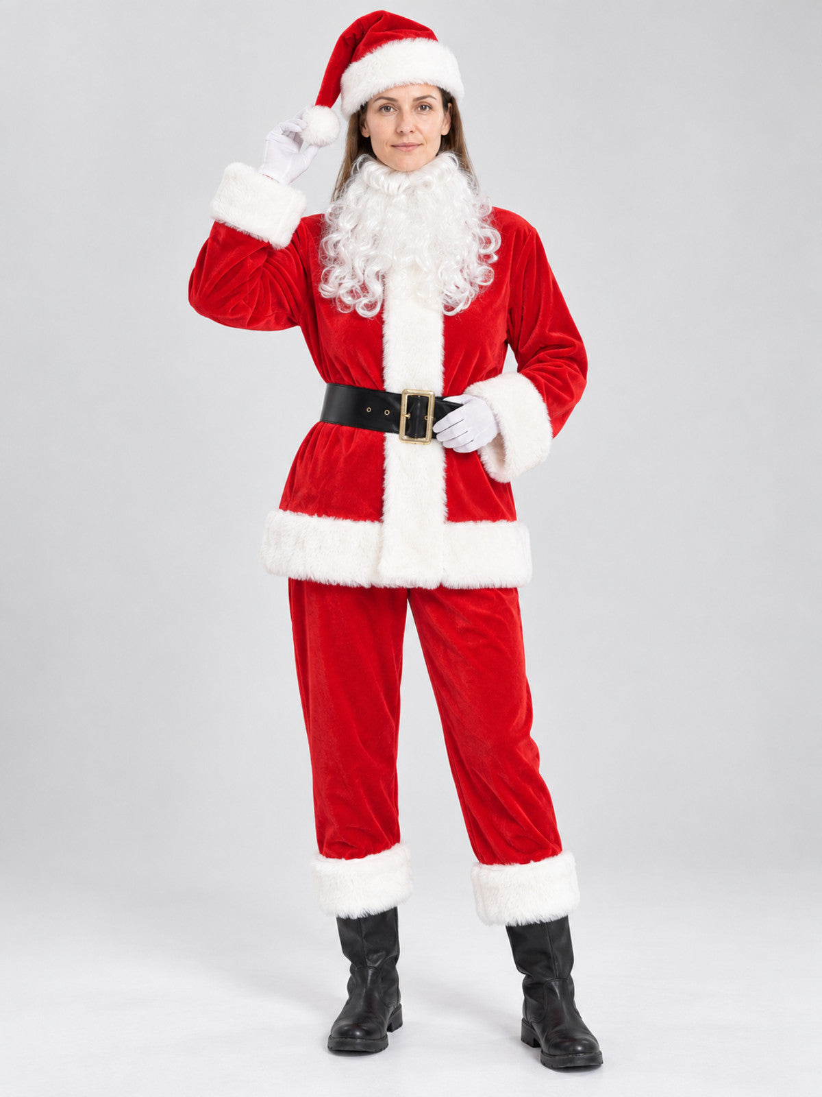 Santa Claus costume with beard and hat on-model view