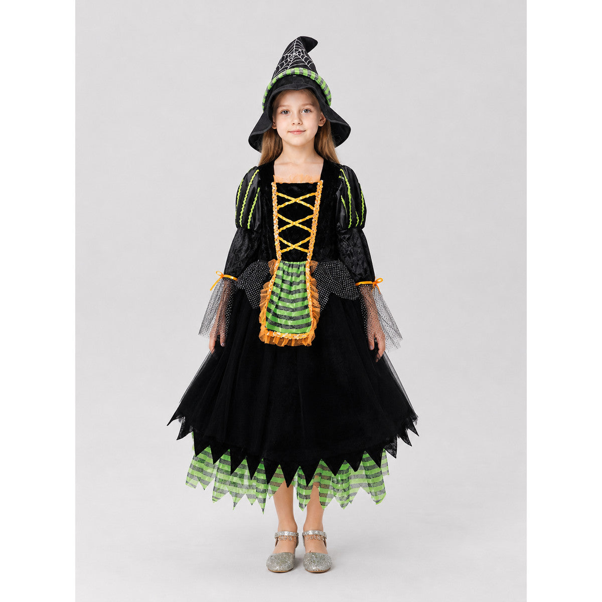 Children's Witch Costume with Striped Skirt and Hat