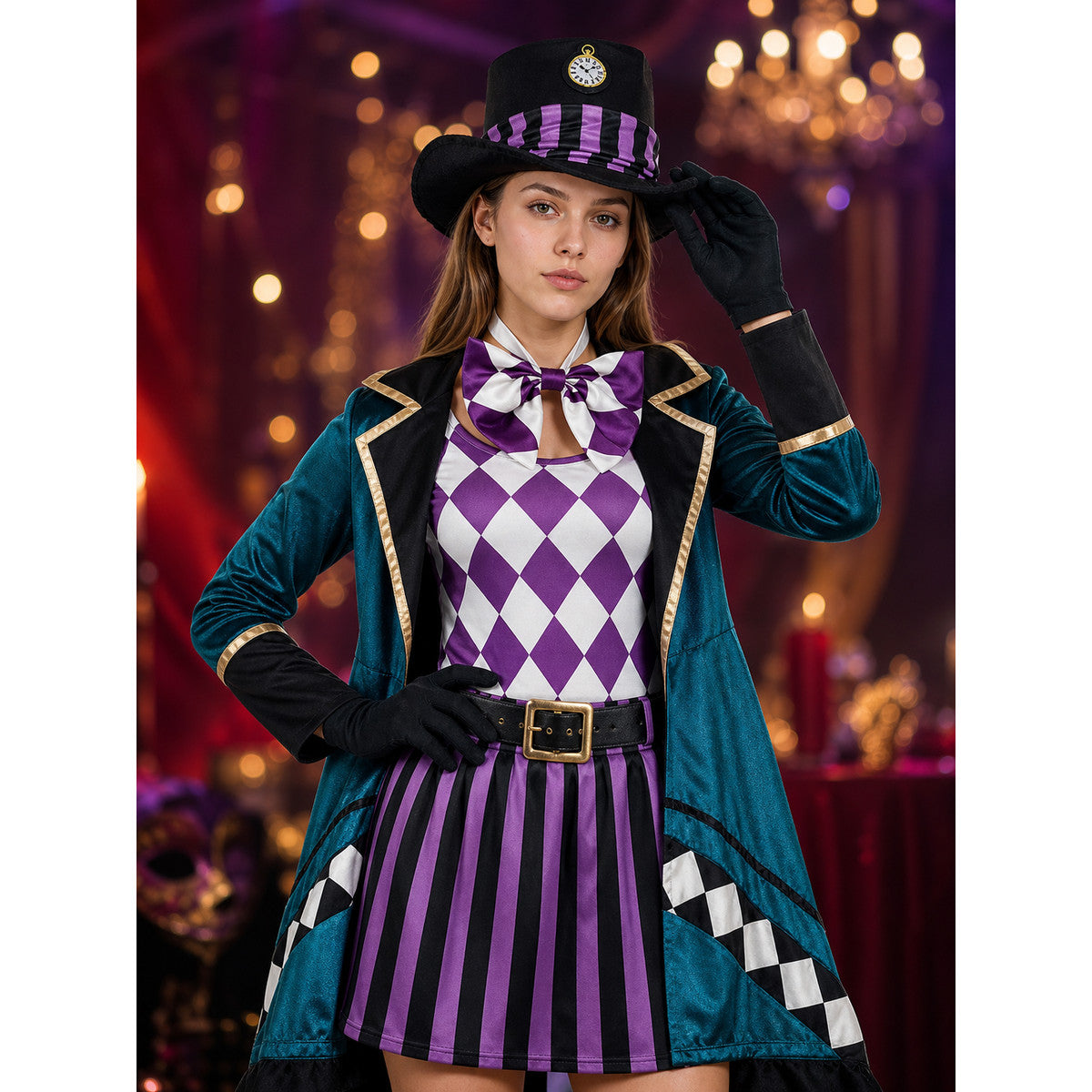 Adult Circus Jester Costume Set, Mad Hatter Outfit with Tailcoat, Hat, Gloves on-model view