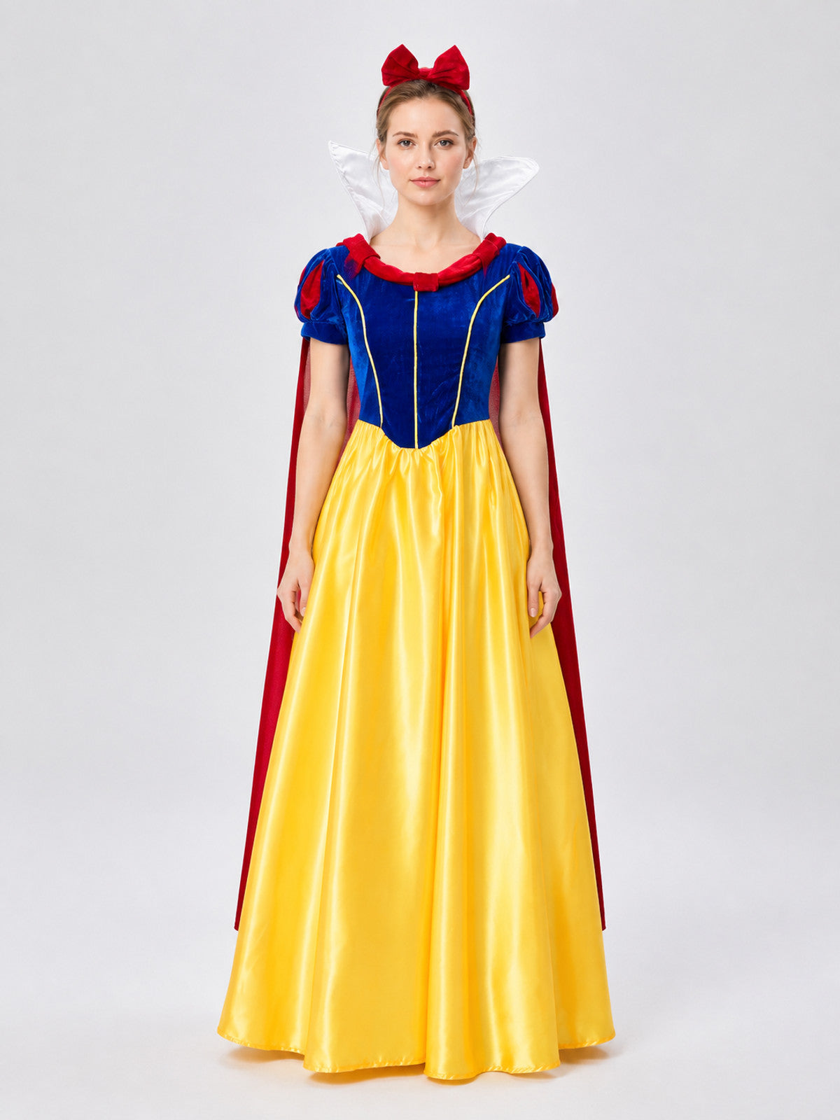 Snow White Costume with Red Bow and Cape on-model view
