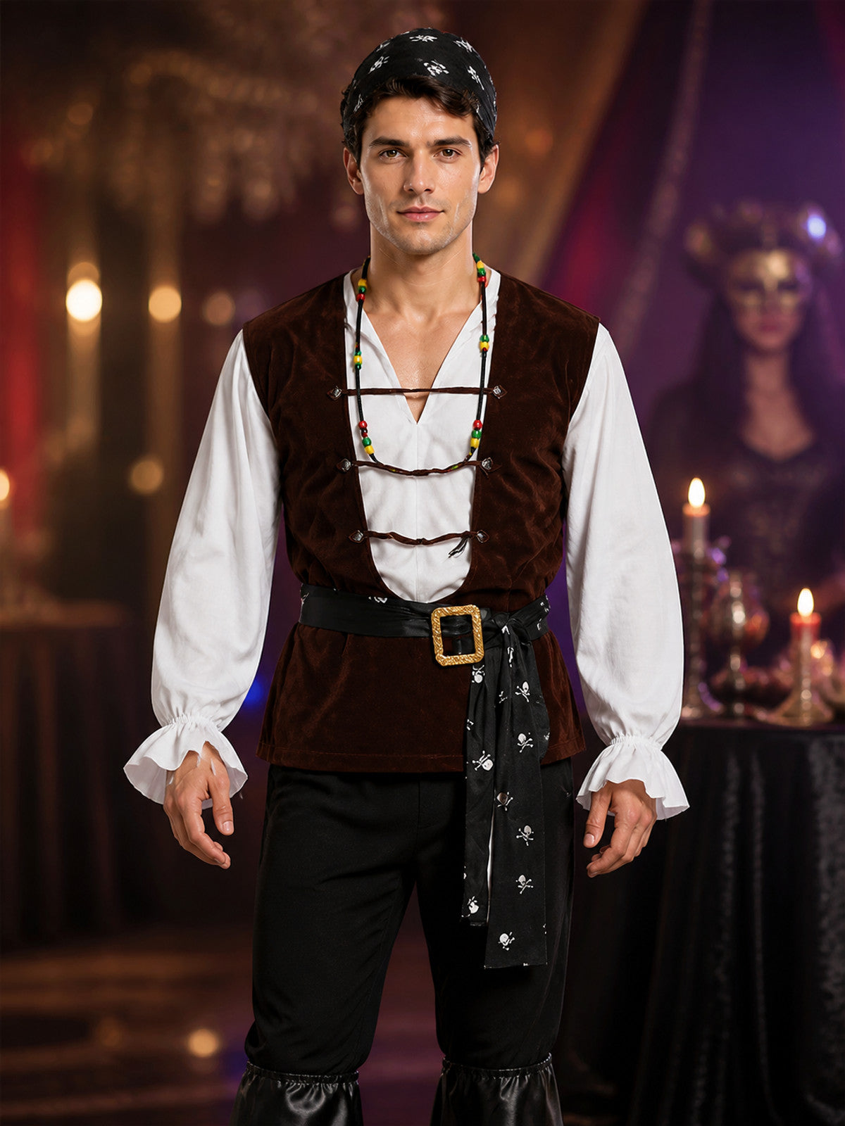 Pirate Costume with Vest, Belt, and Necklace for Halloween on-model view