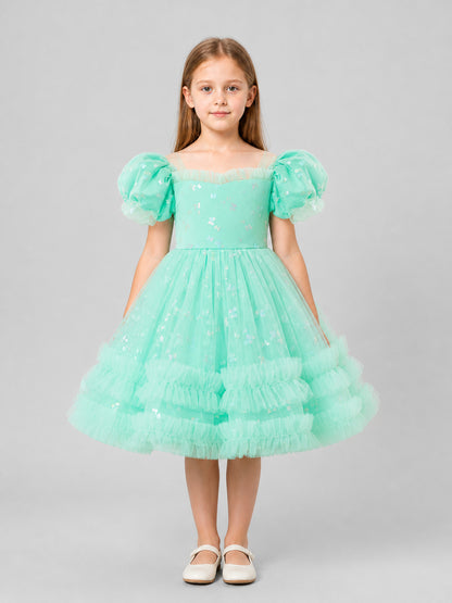 Children's Dressy Dress with Full Skirt, Mint on-model view