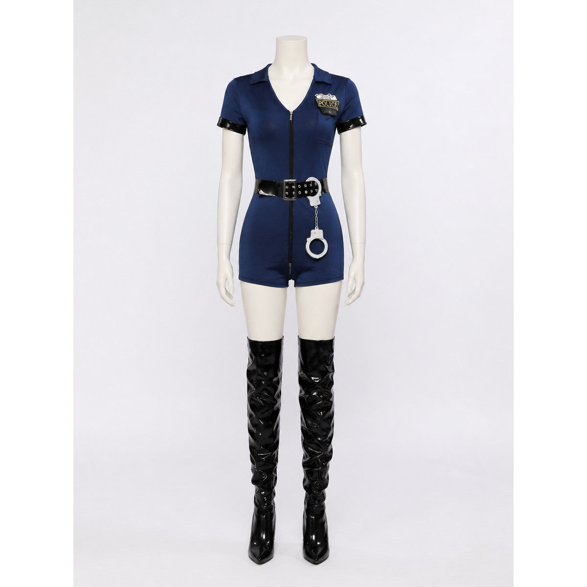 Police Costume Jumpsuit, Blue Zip-Up Set With Hat, Belt & Handcuffs For on-model view